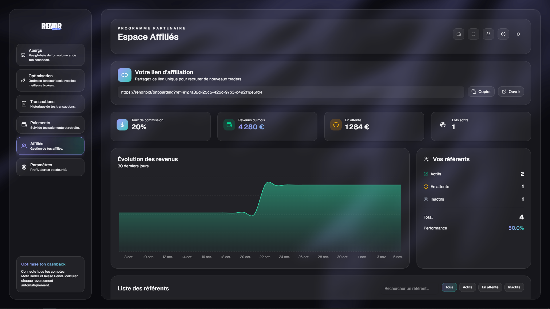 Tableau de bord Rendr.bid - Programme d'affiliation